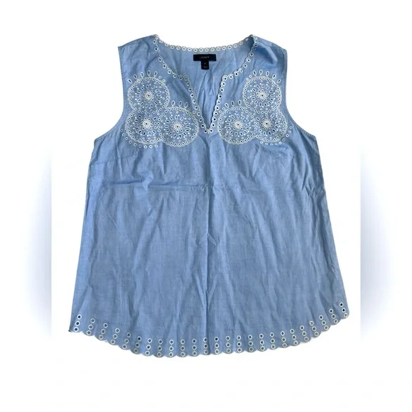 J. Crew Blue White Eyelet Embroidered Sleeveless Chambray Tank - Size 6 - Picture 1 of 8